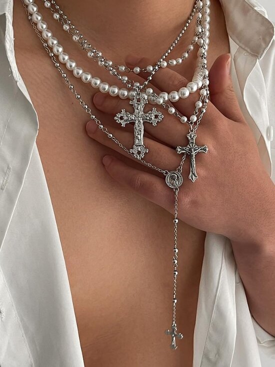 Silver Layered Cross Necklace Set For Women, 4Pcs Pearl Rosary Choker Chunky Chr - Picture 5 of 8